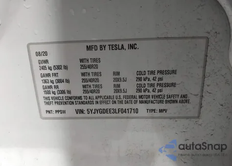 2020 Tesla Model Y Long Range Dual Motor All-Wheel Drive z USA, uszkodzony, nr VIN 5YJYGDEE3LF041710
